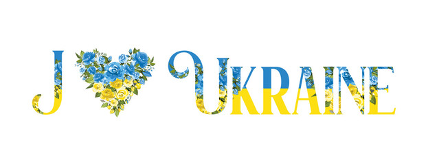 Ukraine in the heart concept, floral design in yellow and blue colors, flat illustration
