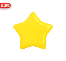 Yellow star. Glossy golden flat star shape. Realistic 3d design element In plastic cartoon style. Icon isolated on white background. Vector illustration