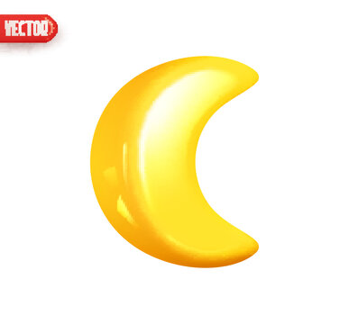 Yellow crescent, golden half moon. Young month Realistic 3d design element In plastic cartoon style. Icon isolated on white background. Vector illustration