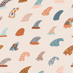 Seamless pattern with surfing fins. Hawaiian summer background. Design for textile, wallpaper, wrapping, backdrop. Vector illustration.