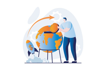 Global economic concept with people scene in flat cartoon design. Man invests money in international company and develops global business with high profits. Vector illustration visual story for web