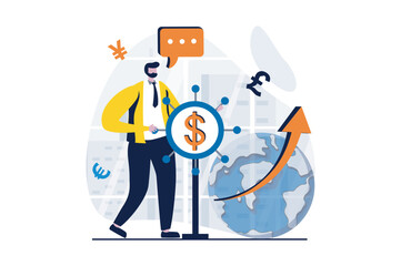 Global economic concept with people scene in flat cartoon design. Businessman develops international business project and earns money in different currencies. Vector illustration visual story for web
