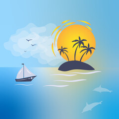 Fototapeta na wymiar the silhouette of a small island emerging from the sea. palm trees, dolphins and a sailboat, summer atmosphere. illustration