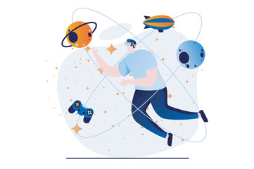 Metaverse concept with people scene in flat cartoon design. Man in VR headset interacts in virtual simulation with planets and explores cosmos in cyberspace. Vector illustration visual story for web