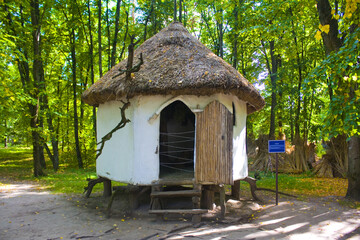 Fototapeta na wymiar Reconstruction of medieval peasant household in Open-air Museum of Folk Architecture and Life of the Middle Dnieper in Pereyaslav-Khmelnitsky