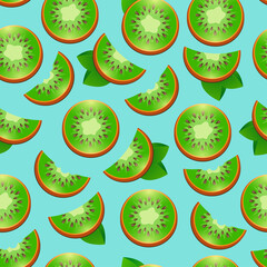 Seamless pattern with kiwi on turquoise background. Juicy half green kiwi. Bright background. Wallpaper, print, wrapping paper, banner, poster, promotional material. Vector illustration.