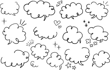 シンプルな手描きのくるくる吹き出しのセット、モノクロ.