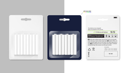 A set of mockups of battery packs with text. Front and rear side. Vector illustration. Perfect for pack shot product. EPS10.	