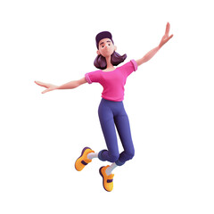 Tall excited cute asian active girl in blue jeans, pink t-shirt, yellow sneakers jump up in air imitate flight of airplane with her hands have fun, rejoice, joy. 3d render isolated on white backdrop.