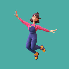 Excited cute asian active brunette girl in blue overalls, pink t-shirt, yellow sneakers jump up in air imitate flight of airplane with her hands have fun, rejoice, joy. 3d render on green backdrop.