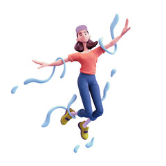 Excited cute asian girl in blue jeans, red t-shirt jump up in air imitate flight of airplane with her hands have fun rejoice joy, liquid dynamic shape bubbles fly. 3d render isolated on white backdrop