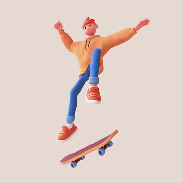 Young tall cute excited funny smiling сasual asian active red-haired guy wears fashion clothes orange hoodie blue jeans, sneakers jump up in air on skateboard have fun joy. 3d render on beige backdrop