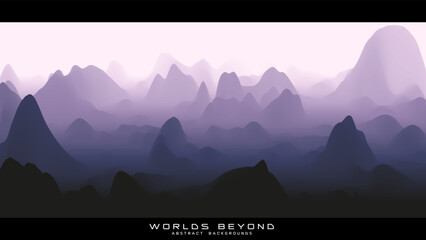 Fog over mountains. Vector landscape panorama. Abstract violet gradient eroded terrain. Worlds beyond.