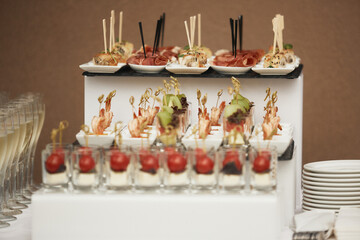 Catering. Off-site food. Buffet table with various canapes and snacks.