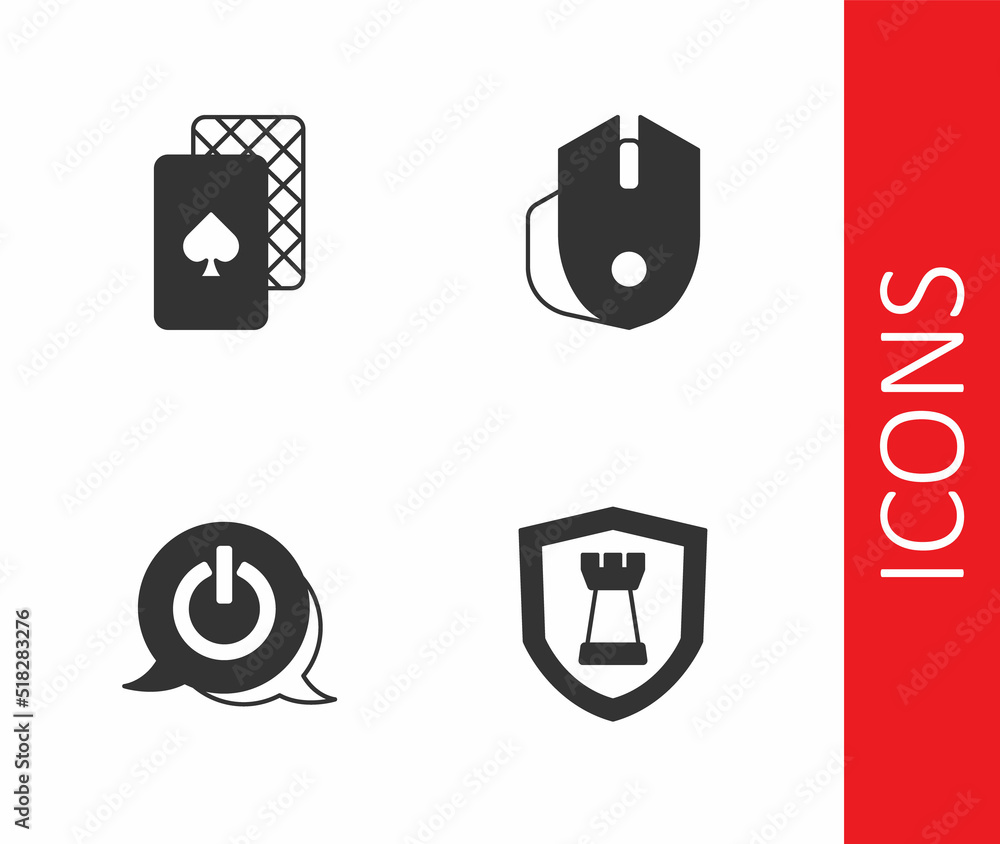 Poster set chess shield, playing cards, power button and computer mouse icon. vector
