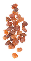 Myrrh resin isolated on white background. Pile of natural Commiphora myrrha. Sweet Myrrh Opoponax. Incense. Top view.