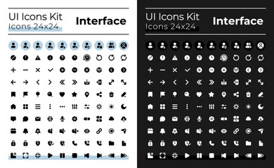 Minimalistic and simple looking glyph ui icons set for dark, light mode. Silhouette symbols for night, day themes. Solid pictograms. Vector isolated illustrations. Montserrat Bold, Light fonts used