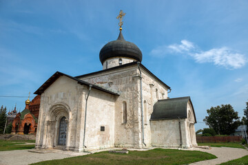 St. George's Cathedral and white stone carvings on the walls. Yuryevsky Kremlin (Archangel-Mikhailovsky Yuryevsky monastery). Yuryev-Polsky town, Vladimir region, Russia