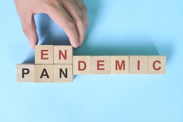 Hand changing word pandemic to endemic in wooden blocks. Covid-19 transition from pandemic to...