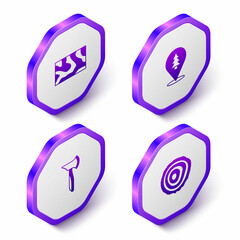 Set Isometric Wooden beam, Location of the forest, axe and Tree rings icon. Purple hexagon button. Vector