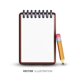 Realistic 3D notepad icon with a pencil, blank white sheet and empty space for any text or logo. Vector illustration, white background
