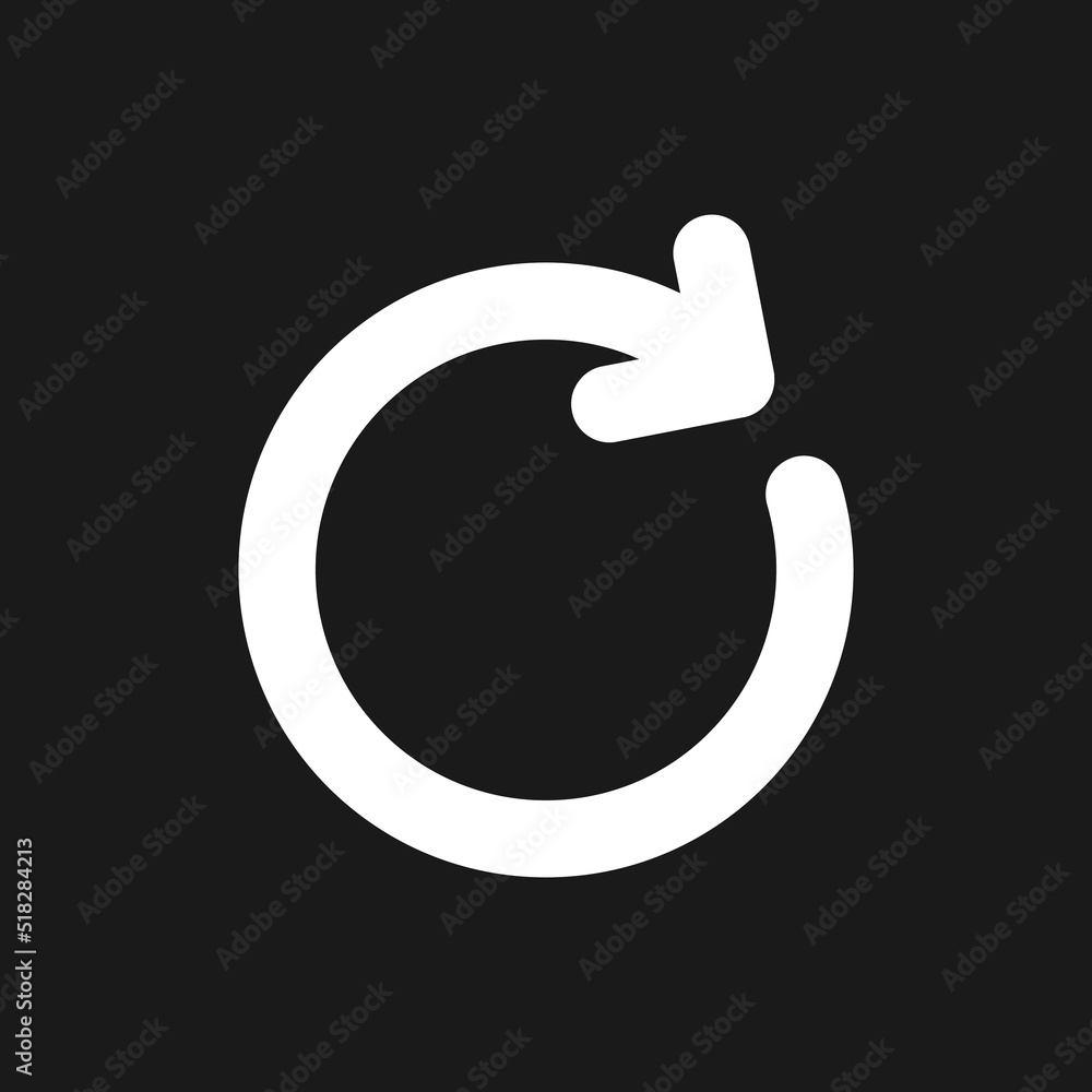 Poster repeat dark mode glyph ui icon. reload page. rotating arrow. clockwise. user interface design. white