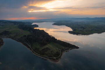 Aerial landscape of Lake Czorsztyn in Poland.