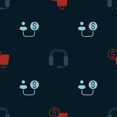 Set shopping bag and dollar, Headphones and Human money on seamless pattern. Vector
