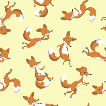 Red fox pattern illustration in different positions, seamless background for cards or packages.