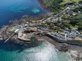 Coverack village cornwall England uk aerial drone 