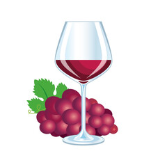 Glass of red wine and grapes icon vector. Glass of red wine and bunch of grapes still life vector illustration isolated on a white background. Red wine drink drawing