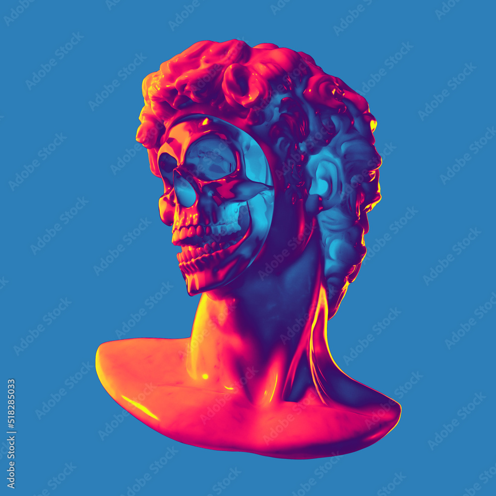 Poster abstract digital illustration from 3d rendering of a classical white marble head bust with missing f