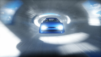 Obraz premium Futuristic sci fi tunnel. Flying futuristic car. 3d rendering.