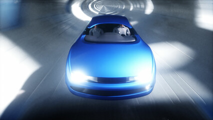 Plakat Futuristic sci fi tunnel. Flying futuristic car. 3d rendering.