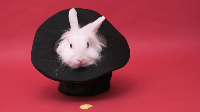 white cute rabbit sits in a black hat. Cylinder hat. Focus with a hare. Surprise with a pet. Focus secret. Animal in a hat on a red background