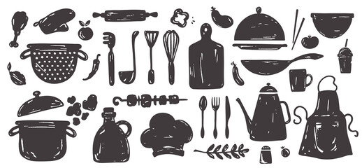 Big collection kitchen utensils food elements. Grunge crockery and kitchen items on the theme of cooking for backgrounds, menu, stickers, postcards, t-shirt prints. Vector hand drawn illustration.