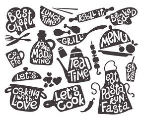Kitchen utensils food elements. Sketch style cooking lettering icons set for badges, labels, logo, sweet shop, bakery, snack bar, country fair, kitchen classes, cafe. Hand drawn vector.