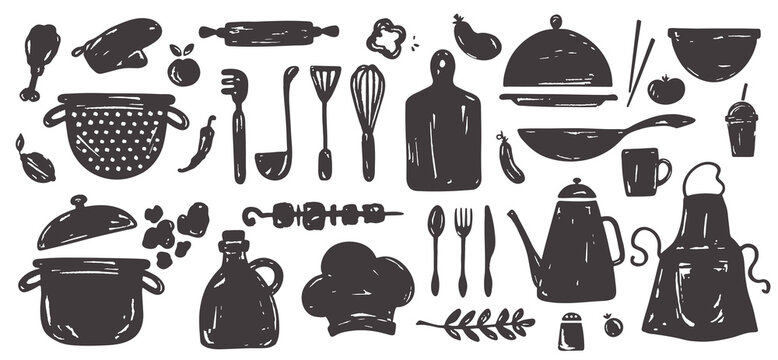 Big Collection Kitchen Utensils Food Elements. Grunge Crockery And Kitchen Items On The Theme Of Cooking For Backgrounds, Menu, Stickers, Postcards, T-shirt Prints. Vector Hand Drawn Illustration.