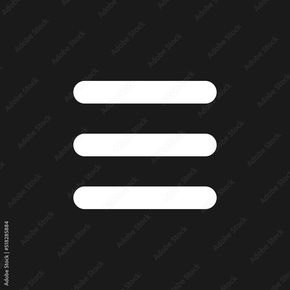 Poster hamburger like menu dark mode glyph ui icon. three lines. more options. user interface design. white