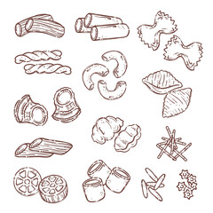 Collection italian pasta. Different types of uncooked pasta for backgrounds, menu, stickers, cafe, restaurant, bar, shop. Set of Italian cuisine staples.