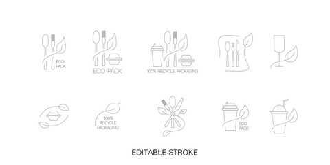 Fast food and take away eco packaging symbol set for restaurant, cafe, bistro and diner. Plastic free and recyclable. Editable stroke. Vector stock illustration isolated on white background. 