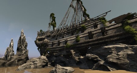 Fototapeta na wymiar Hull of an old ship wrecked 3d illustration