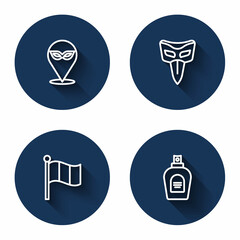 Set line Carnival mask, Flag Italy and Perfume with long shadow. Blue circle button. Vector