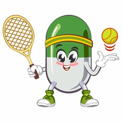 vector illustration of cute capsule mascot playing tennis
