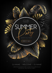 Summer party typography poster with black and gold tropic leaves. Nature concept. Summer background. Vector illustration