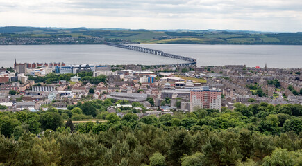 Dundee, Scotland, UK – June 23 2022. Dundee city and the Firth of the Tay captured from above on...