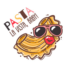 Uncooked italian pasta. Creste Di Gallo in funny glasses for backgrounds, menu, stickers, cafe, restaurant, bar, shop. Italian cuisine staples.