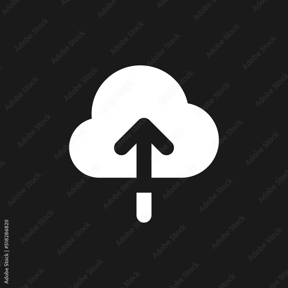 Poster upload to cloud dark mode glyph ui icon. large files storage. loading. user interface design. white 