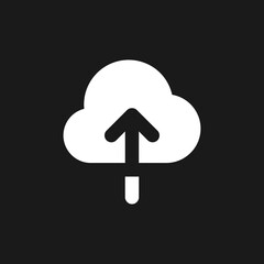 Upload to cloud dark mode glyph ui icon. Large files storage. Loading. User interface design. White silhouette symbol on black space. Solid pictogram for web, mobile. Vector isolated illustration