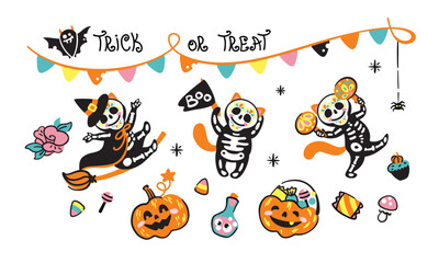 Funny cat in halloween skeleton costume. Vector illustration. Halloween party.